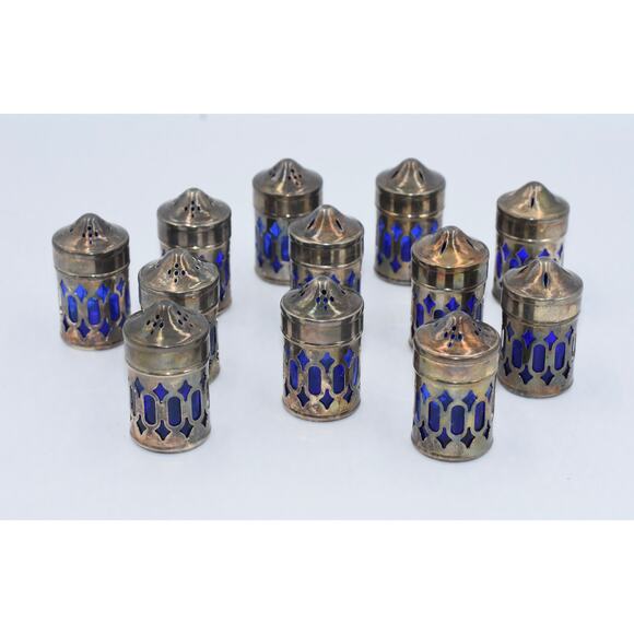 Filigree Sterling Silver Plate Cobalt Blue Glass Mini Salt Pepper Shakers 12pc - Picture 1 of 6